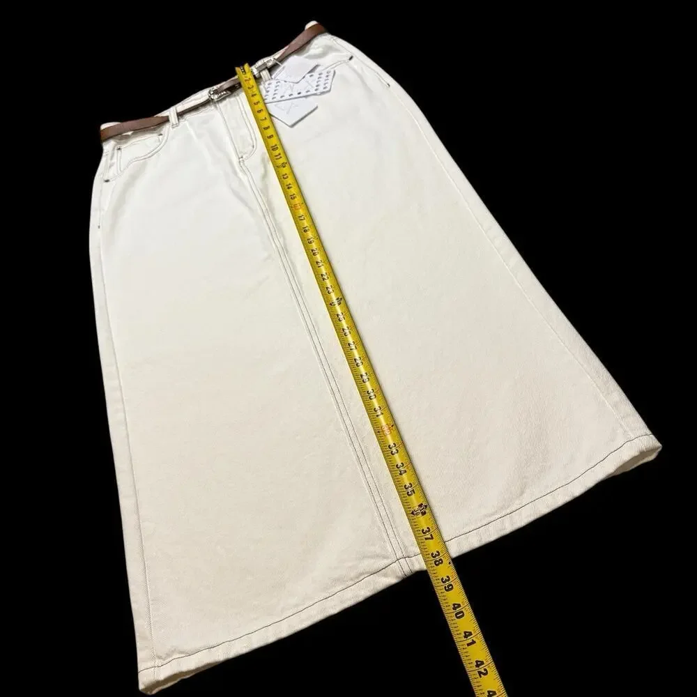 NEW Le' AL.X Ivory White Denim Pencil Maxi Skirt Contrast Stitch Back Slit 32 - Picture 5 of 12